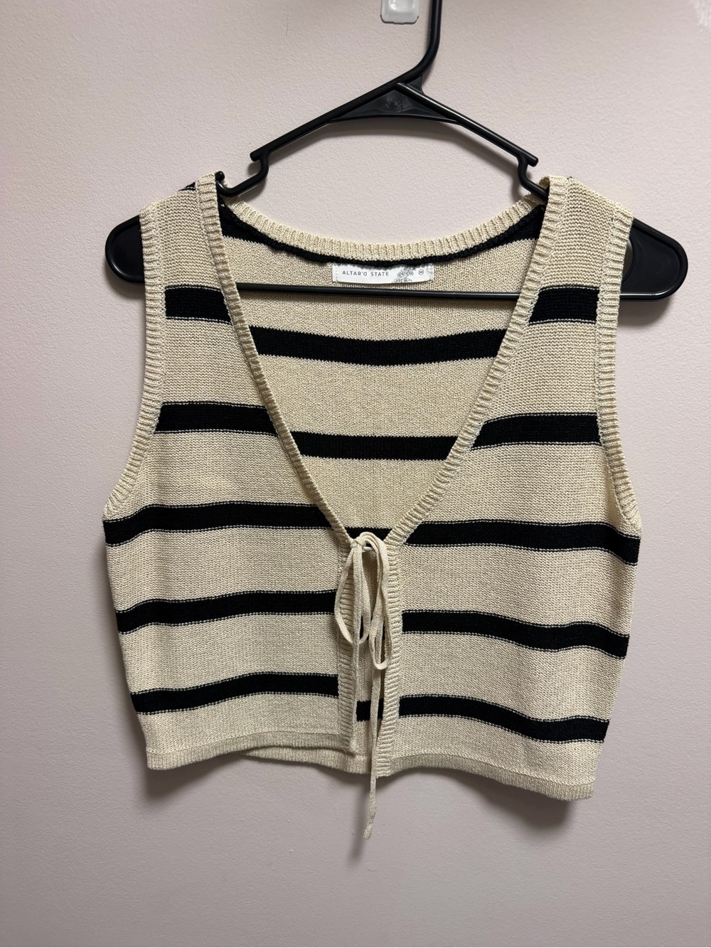 Altar'd State Cream and Black Striped Tie-Front Knit Tank Vest